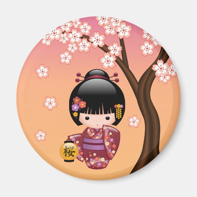 Imã Boneca Sakura Kokeshi - Garota Geisha em Pêssego (Frente)