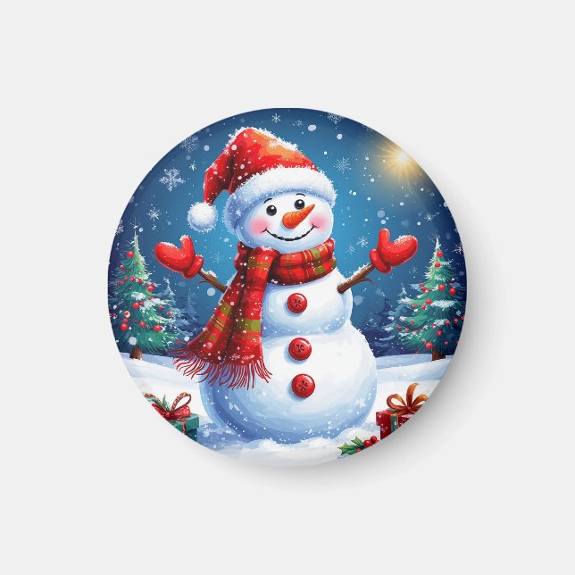 Imã Boneco de Neve Alegre Usando um Chapéu de Papai No (Frente)