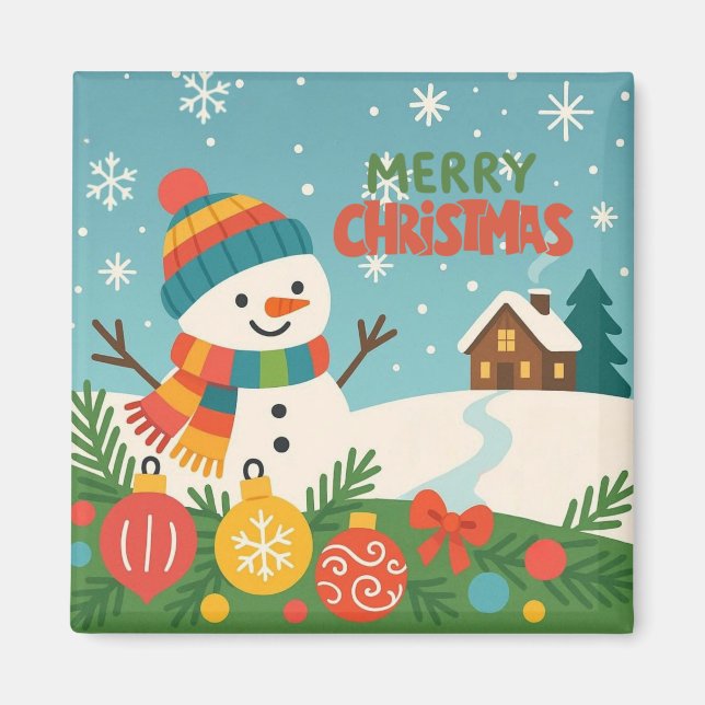 Imã Boneco de neve simpático e clássico de Feliz Natal (Frente)