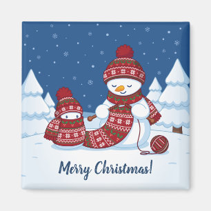 Imã Boneco de Neve Tricotando Cachecol de Natal