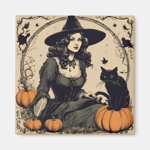Imã Bonita Bruxa de Halloween Vintage com Gato Negro