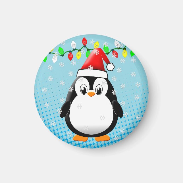 Imã Bonita Cartoon Penguin Santa Hat Luzes de Natal (Frente)