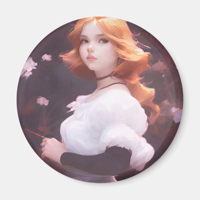 Imã Bonita Menina Entre Retrato De Flores Rosa (Frente)