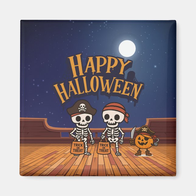 Imã bonitinho, esqueletos e abóbora no Halloween (Frente)