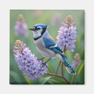 Imã Bonito Blue Jay em pé nas filiais do Lilac