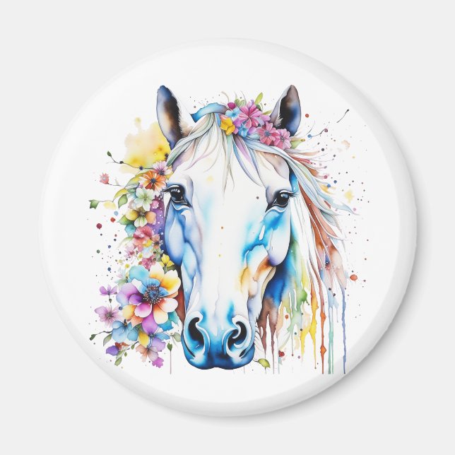 Imã Bonito Cavalo Branco Floral Personalizado (Frente)
