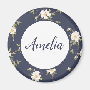 Imã Bonito Floral Personalizado de Azul Marinho e Bran
