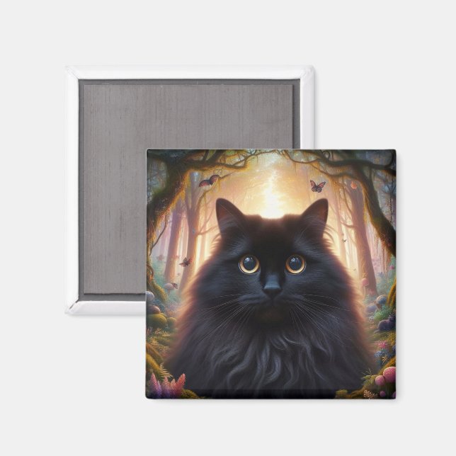 Imã Bonito gato preto fluffy com olhos Dourados (Front/Back)