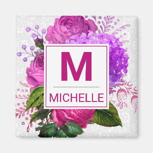 Imã Bonito Monograma das Flores Rosa e Roxo