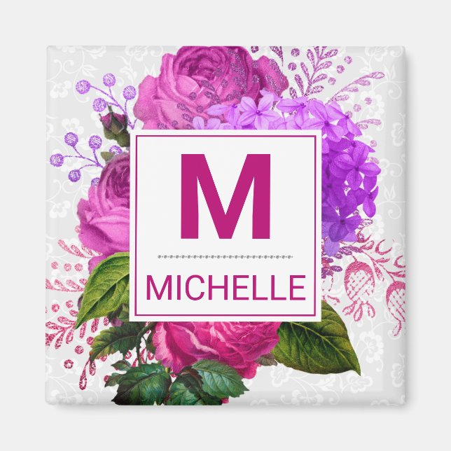 Imã Bonito Monograma das Flores Rosa e Roxo (Frente)