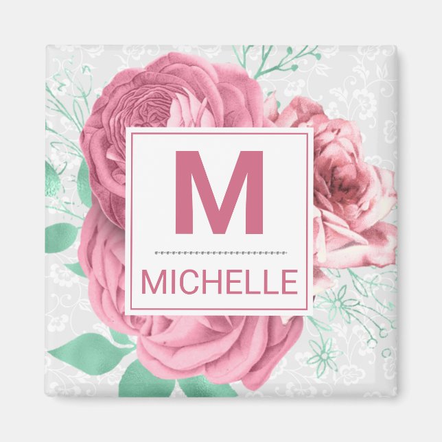 Imã Bonito Monograma de Rosas de Jardim Rosa (Frente)
