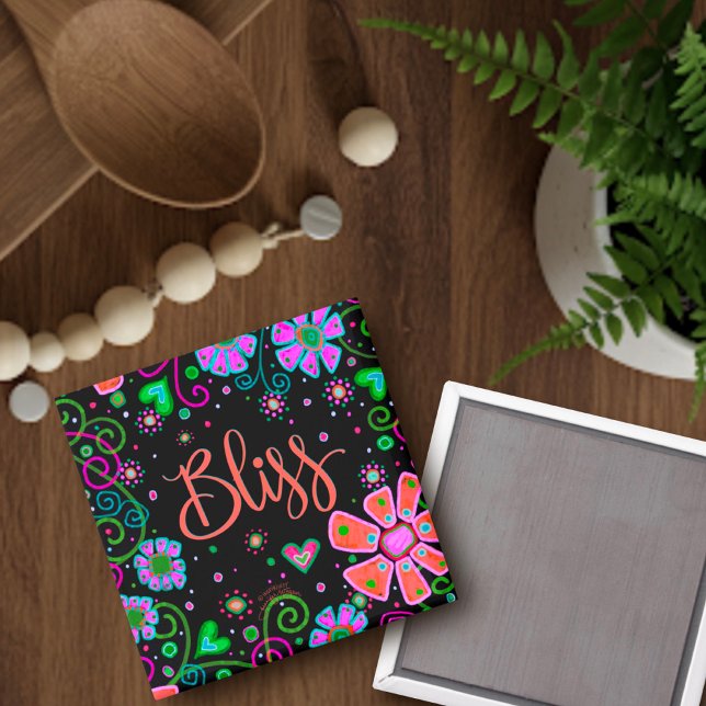 Imã Bonito Whimsical Inspirational Floral Black (Criador carregado)