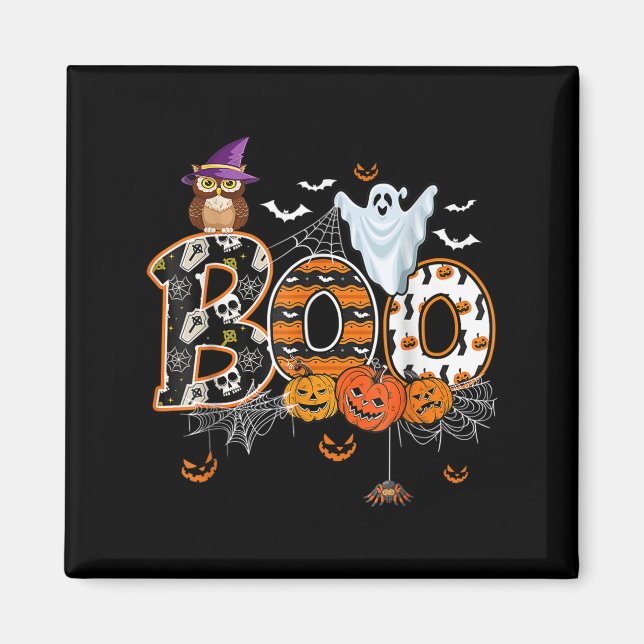 Imã Boo Creepy Owl Pumpkin Ghost Halloween Men K (Frente)