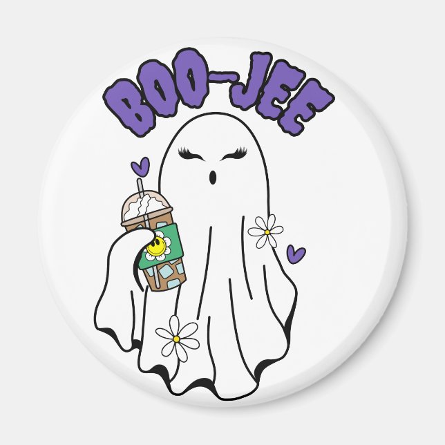 Imã Boo-Jee Cute halloween Ghost com café gelado (Frente)