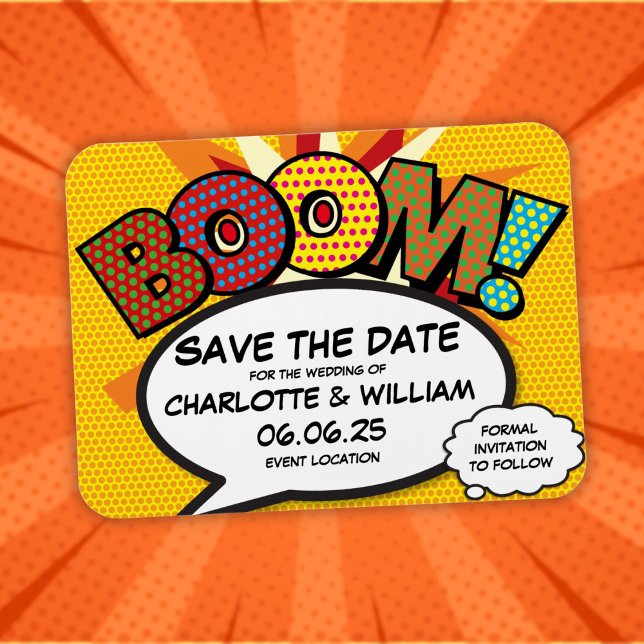Ímã BOOM Salve a Data Diversão Quadrinhos Moderno (BOOM Save the Date Fun Comic Book Modern Magnet)