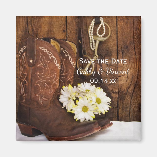 Imã Boots Daisies e Horse Bit Weding Save the Date (Frente)