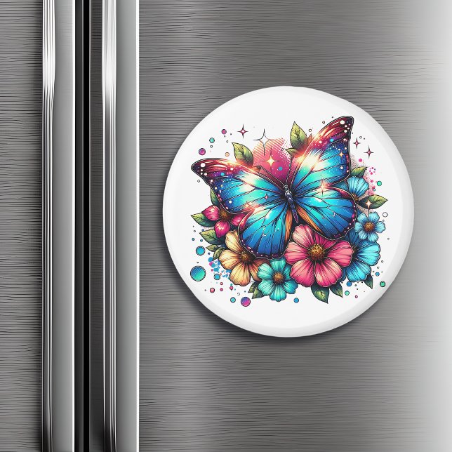 Imã Borboleta azul e flores (Criador carregado)