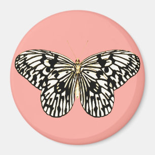 Imã Borboleta branca e preta,fundo rosa-coral
