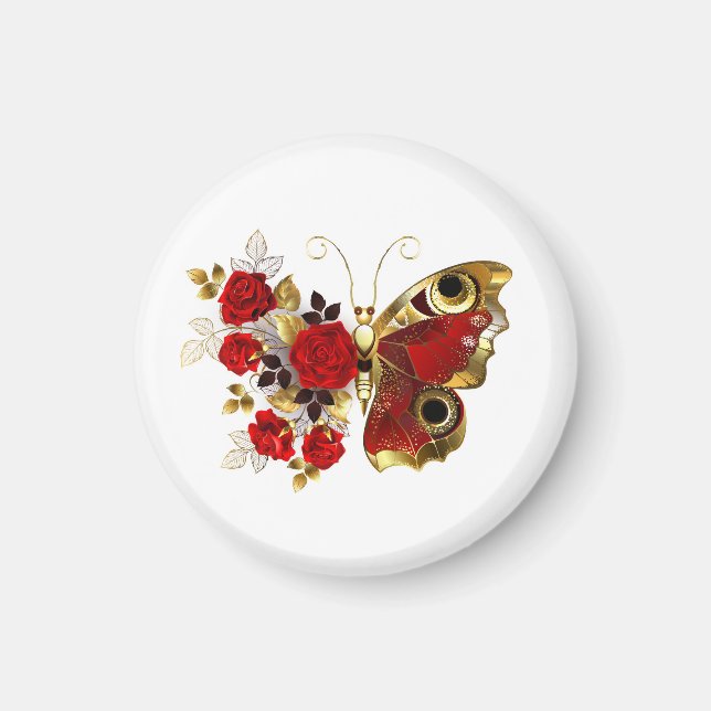 Imã Borboleta de flor vermelha com rosas vermelhas (Frente)