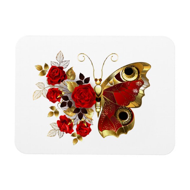 Ímã Borboleta de flor vermelha com rosas vermelhas (Horizontal)