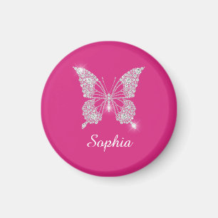 Imã Borboleta Diamante Branco, Nome em Letra, Fuchsia
