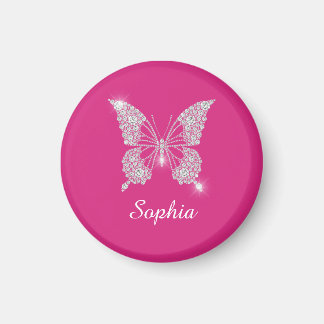 Imã Borboleta Diamante Branco, Nome em Letra, Fuchsia