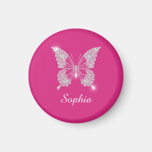 Imã Borboleta Diamante Branco, Nome em Letra, Fuchsia (Frente)