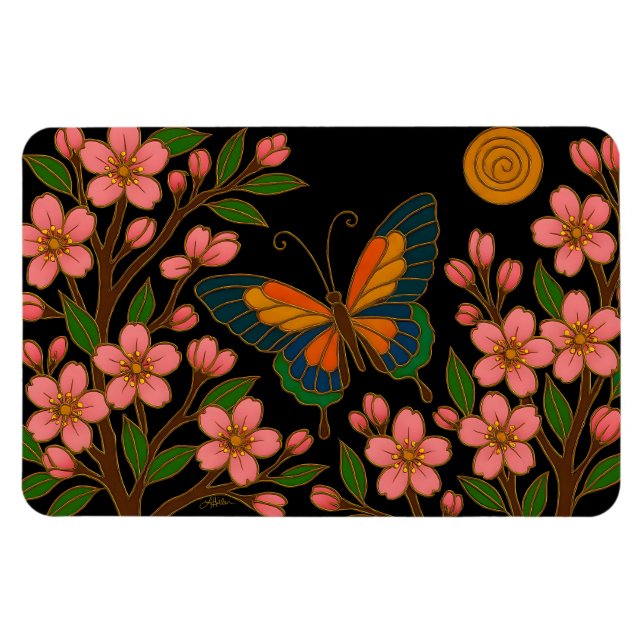 Ímã Borboleta Flor de Cerejeira Lua (Horizontal)