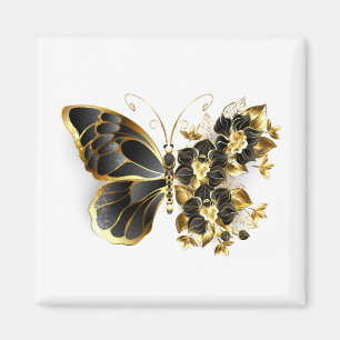 Imã Borboleta Flor Dourada com Orquídea Preta