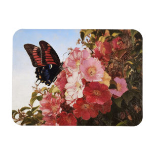 Ímã Borboleta Impressionista e Flores Rosa