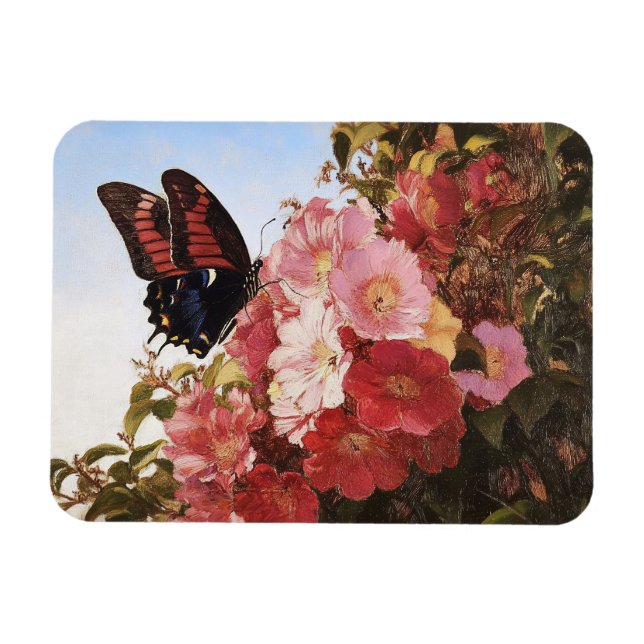 Ímã Borboleta Impressionista e Flores Rosa (Horizontal)