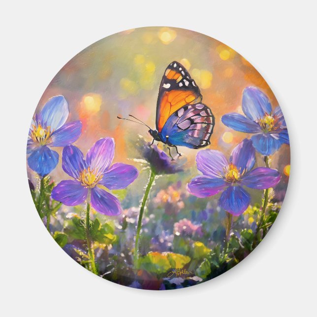 Imã Borboleta Minúscula em Flores Silvestres ao Nascer (Frente)