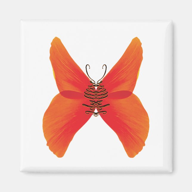 Imã Borboleta Papoula Laranja Vermelho com Seu Nome (Frente)
