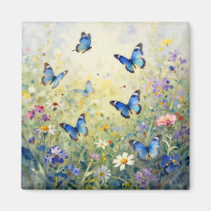 Imã Borboletas Azuis Aquarela Prado de Flores Silvestr