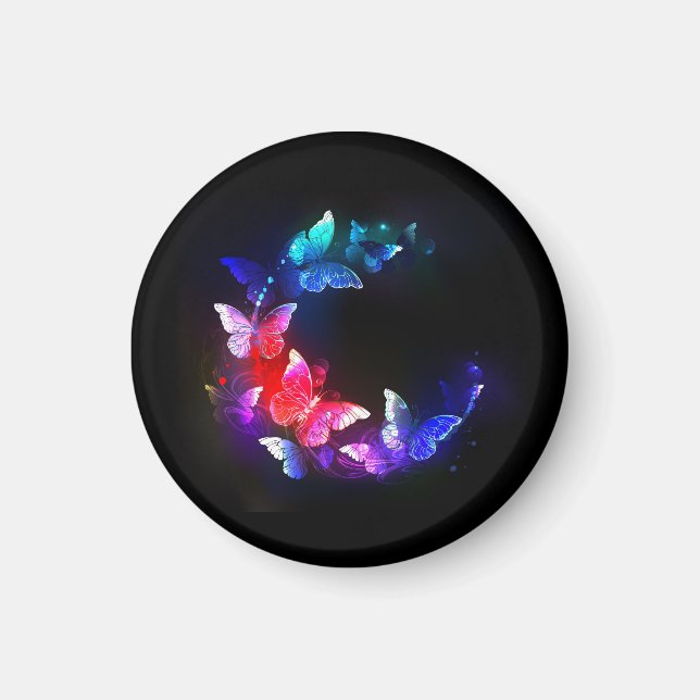 Imã Borboletas Neon Night brilhantes sobre fundo preto (Frente)