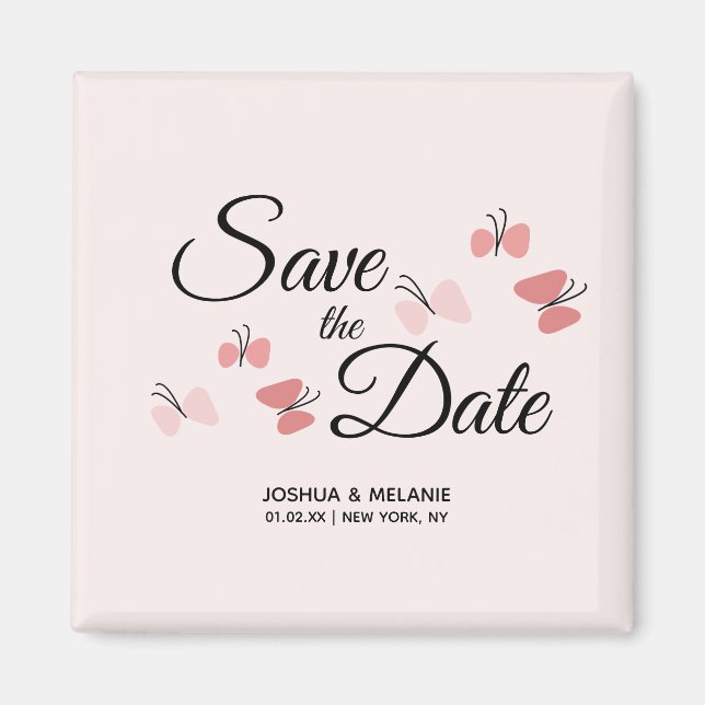 Imã Borboletas Românticas Rosa Save the Dates    (Frente)