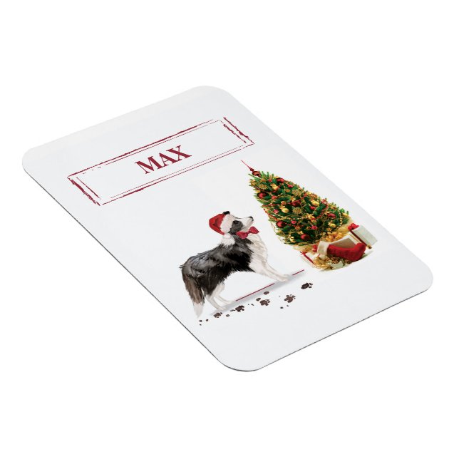 Ímã Borda Collie Engraçado Cachorro de Natal com Árvor (Lado Direito)