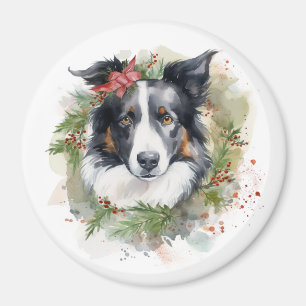 Imã Border Collie Christmas Wreath Festivo Pup