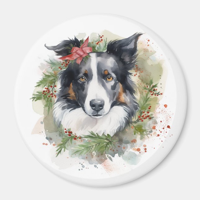 Imã Border Collie Christmas Wreath Festivo Pup (Frente)