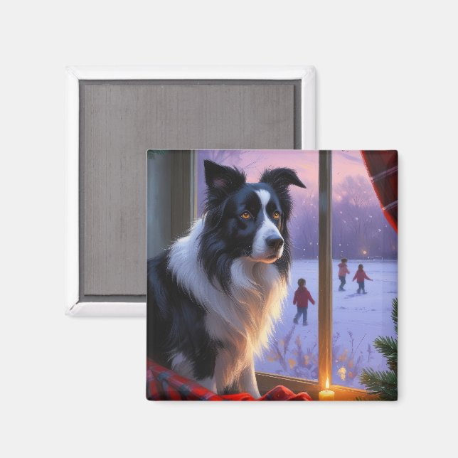 Imã Border Collie Com Luzes De Natal Feriado (Front/Back)