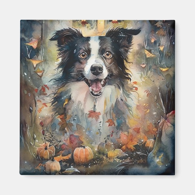 Imã Border Collie de Halloween com Abóboras Assustador (Frente)