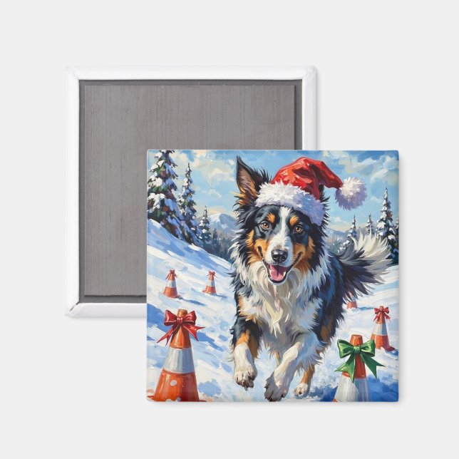 Imã Border Collie Dog Christmas Snow Agility Fun (Front/Back)