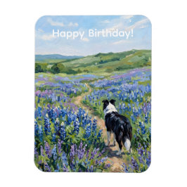 Ímã Border Collie em Flores Roxas