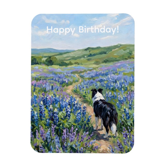 Ímã Border Collie em Flores Roxas (Vertical)