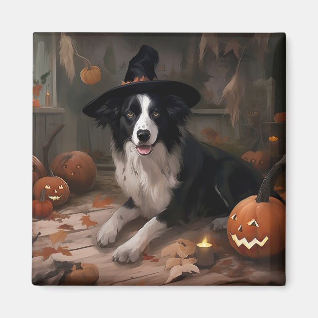 Imã Border Collie Pumpkins Halloween Assustado (Frente)