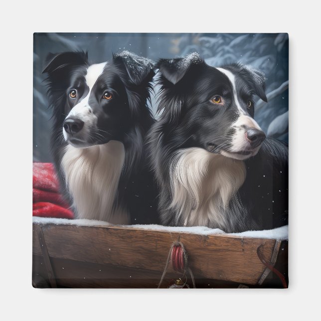 Imã Border Collie Snowy Sleigh Decoração de Natal (Frente)
