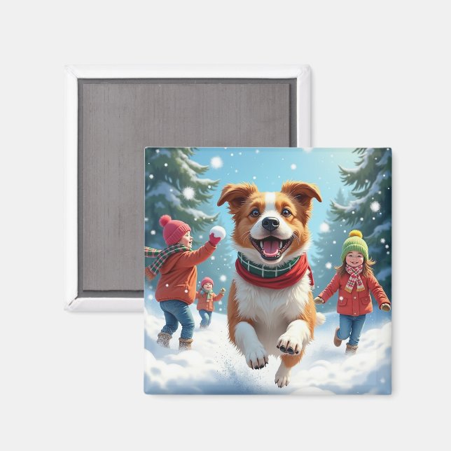 Imã Border Terrier Snowball Fight Christmas Painting (Front/Back)