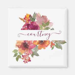 Imã Bordô e laranja floral aquarela personalizado