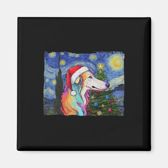 Imã Borzoi Santa Hat Natal Starry Night Dog Art Pa (Frente)