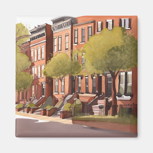 Imã Boston Brownstones | Beacon Street Watercolor (Frente)